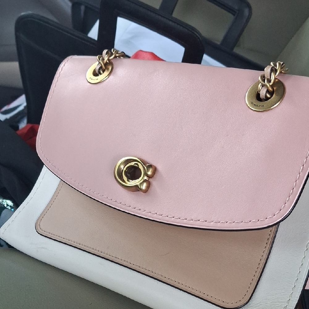 Coach Pink and Tan Shoulder Bag with Gold Hardware